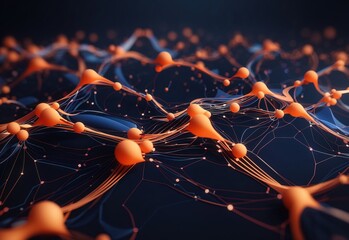 Abstract connected orange dots and lines againts dark background, technology concept