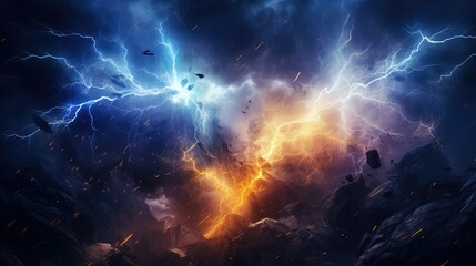 Obraz premium explosion lightning collision powerful illustration electric background, power light, blast electricity explosion lightning collision powerful