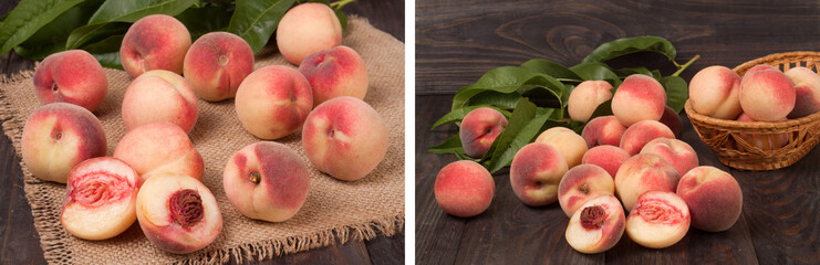 peaches in a wicker basket with leaves on wooden table
