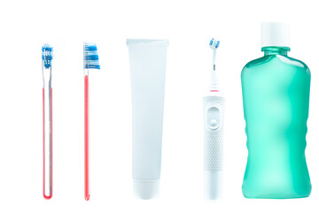 toothpaste mouthwash toothbrushes interdental brush and dental floss isolated on white background....