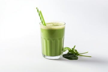 a close-up of a green smoothie with a straw, on white