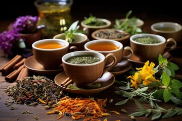 Obraz na płótnie Canvas herbal tea cups surrounded by various tea leaves