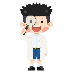 Kid boy Scientist Looking Through a Magnifying