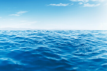 Blue water background with waves and ripples, horizon, blue sky and clouds. Panorama of blue clear ocean or sea water surface. Generative AI - obrazy, fototapety, plakaty
