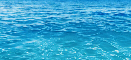 Blue water background with waves, ripples and horizon. Panorama of blue clear ocean or sea water surface. Generative AI