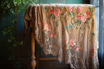 detailed embroidery on a vintage shawl draped over a stand