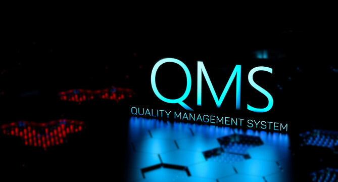 QMS Quality Management System word, definition neon banner. QMS concept, wallpaper. 3D render