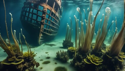 Unterwasserwelt mit Schiffswrack - KI generiert - obrazy, fototapety, plakaty