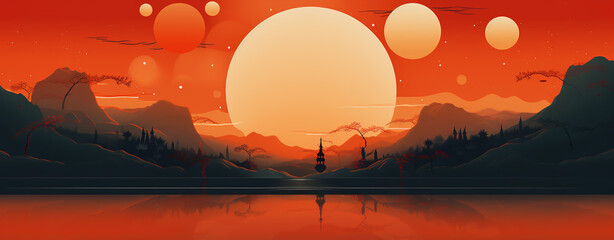 beautiful horizontal panorama of the Japanese landscape with the moon, against the backdrop of mountains in orange tones. Generative Ai