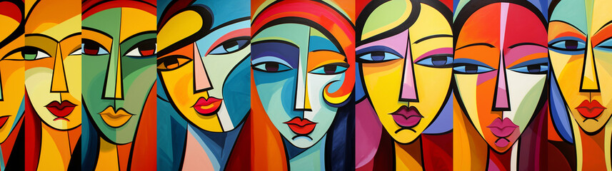 horizontal panorama with colorful graffiti women, abstract background. Generative Ai