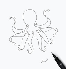 Octopus sea creature drawing in pen line style on white background