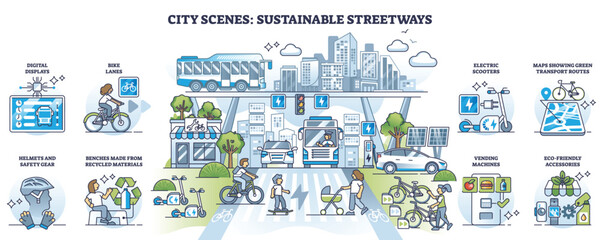 City scenes with sustainable streetways in urban environment outline set