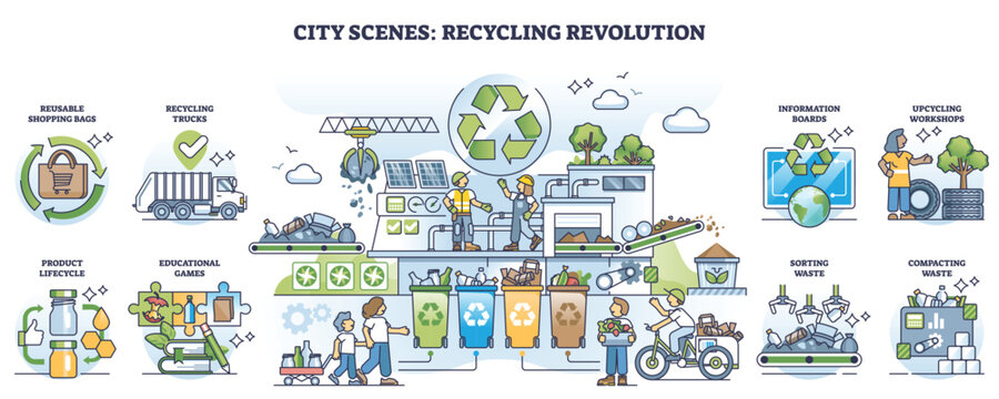 City scenes and recycling revolution for garbage management outline set
