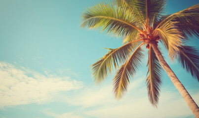 Tropical landscape featuring a prominent palm tree under a vast blue expanse.