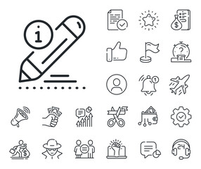 Fototapeta premium Information pencil sign. Salaryman, gender equality and alert bell outline icons. Edit line icon. Drawing info symbol. Edit line sign. Spy or profile placeholder icon. Online support, strike. Vector