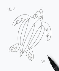 Turtle sea creature drawing in pen line style on white background