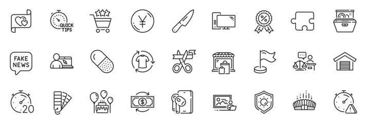 Icons pack as Market, Dishwasher and Love letter line icons for app include Yen money, Computer, Fake news outline thin icon web set. Photo studio, Sun protection, Parking garage pictogram. Vector