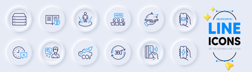 Help, Augmented reality and Repairman line icons for web app. Pack of Mail app, Full rotation, Online voting pictogram icons. Food delivery, Servers, Charging app signs. Co2, Time. Vector