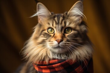 cute norwegian forest cat wearing a plaid bandana isolated in gold background