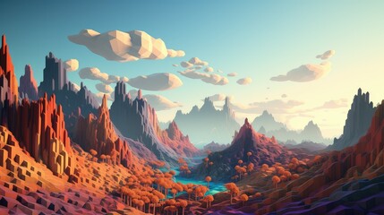 background voxel mountain landscape illustration design perspective, terrain view, panorama digital...