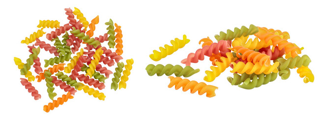 raw Fusilli colored pasta, isolated on white background with full depth of field. Top view. Flat lay