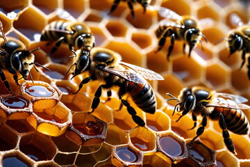 Makro von Bienen, die an ihren Waben arbeiten. Synonym für Fleiß und Konstruktionsfähigkeiten.