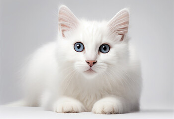 Adult white cat lies and looks at the camera on a light background. Pet healts concept