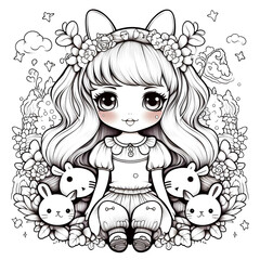 Kawaii style coloring page adorable girl with cute bunnies