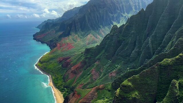 Aerial sea cliffs Na Pali coastline Kauai Hawaii 