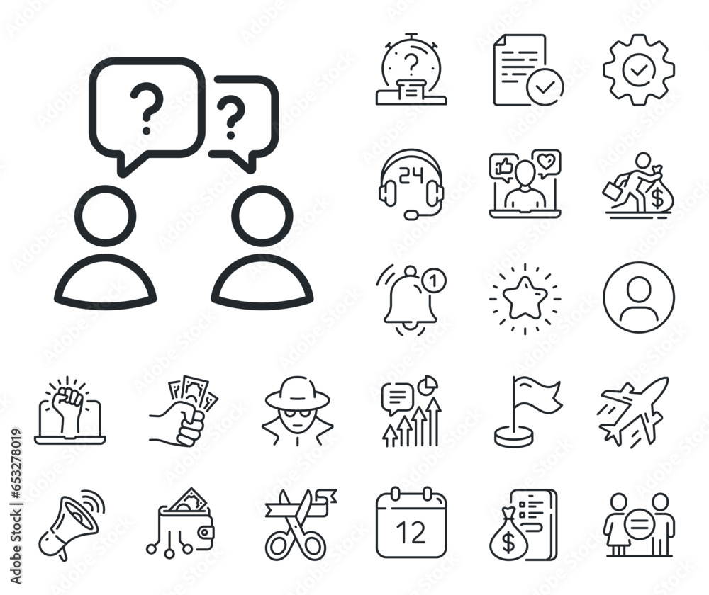 Poster ask help sign. salaryman, gender equality and alert bell outline icons. teamwork questions line icon