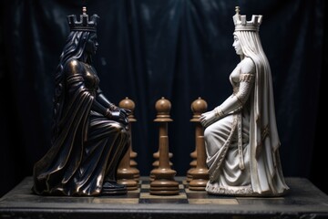 a chess set with a black king and a white queen