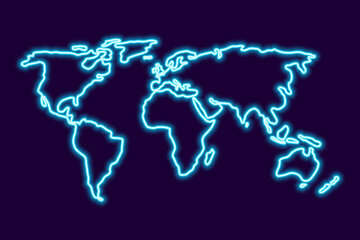 Simple Stylized Blue Neon World Map in Minimal Thin Line Outline Shape. Contours Continents of the Globe Isolated on a Black Blue Background. Vector Illustration.