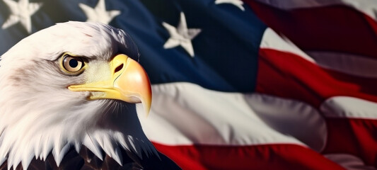 National symbol of the USA, Eagle With American Flag Flies In Freedom, American Flag Celebrations, Memorial Day, American Bald Eagle - symbol of America, US dollar - obrazy, fototapety, plakaty