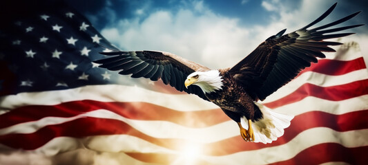 National symbol of the USA, Eagle With American Flag Flies In Freedom, American Flag Celebrations, Memorial Day, American Bald Eagle - symbol of America, US dollar - obrazy, fototapety, plakaty