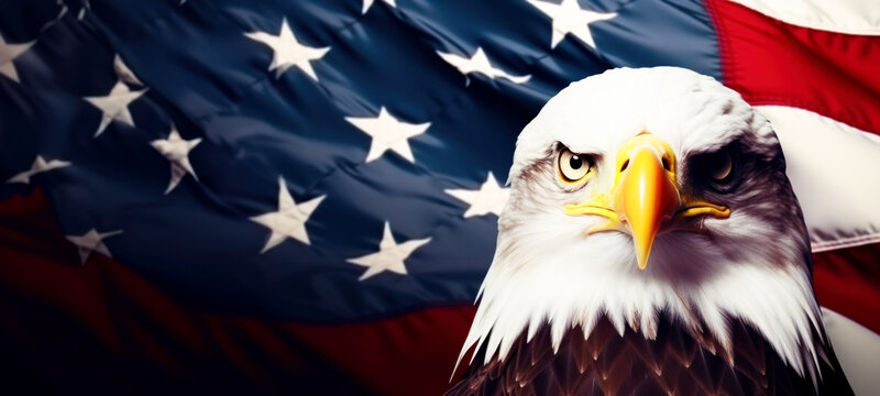 National symbol of the USA, Eagle With American Flag Flies In Freedom, American Flag Celebrations, Memorial Day, American Bald Eagle - symbol of America, US dollar