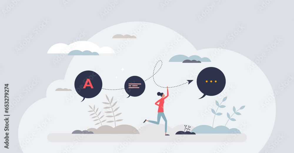 Poster communication evolution as letters to speech progress tiny person concept. connection between basic 