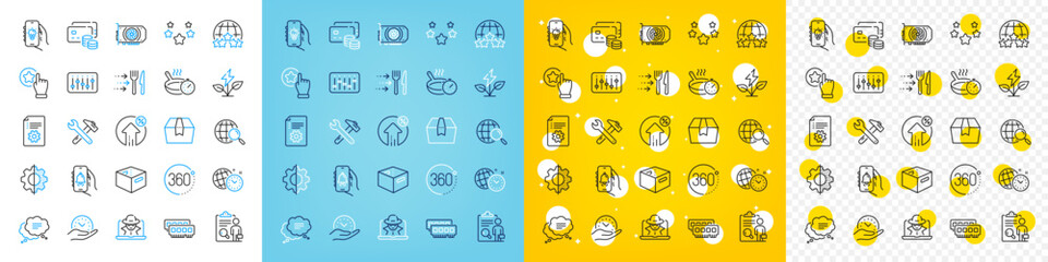 Vector icons set of Food delivery, Web search and Gpu line icons pack for web with Technical documentation, Safe time, Office box outline icon. Money, 360 degrees, Rating stars pictogram. Vector - obrazy, fototapety, plakaty