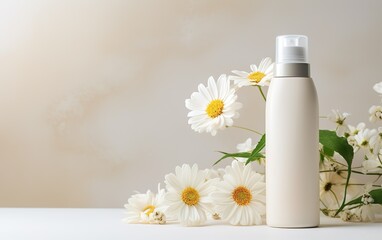 Cosmetics product container mockup. White bottle on a white background with chamomiles. Beauty, cosmetology, skin care industry concept