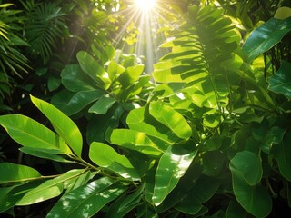 green leaves in sunlight background 