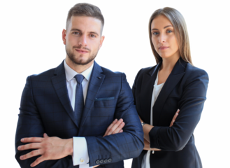 Young businessman and businesswoman standing on a transparent background