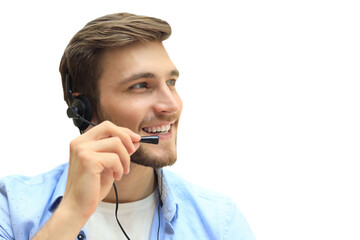 Smiling friendly handsome young male call centre operator on a transparent background