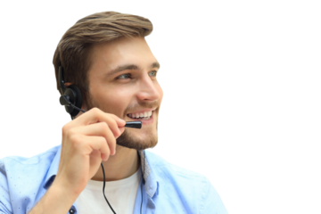 Smiling friendly handsome young male call centre operator on a transparent background
