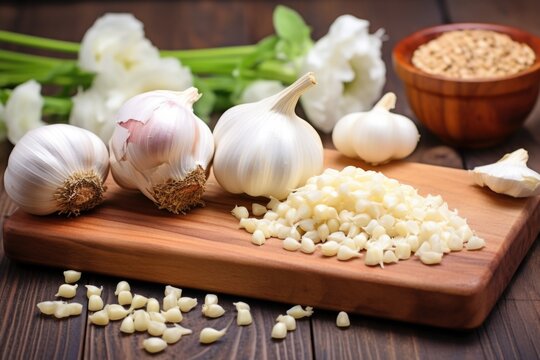 garlic bulbs and cloves on a wooden board