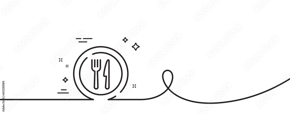 Poster food line icon. continuous one line with curl. dish plate with fork and knife sign. eat at restauran