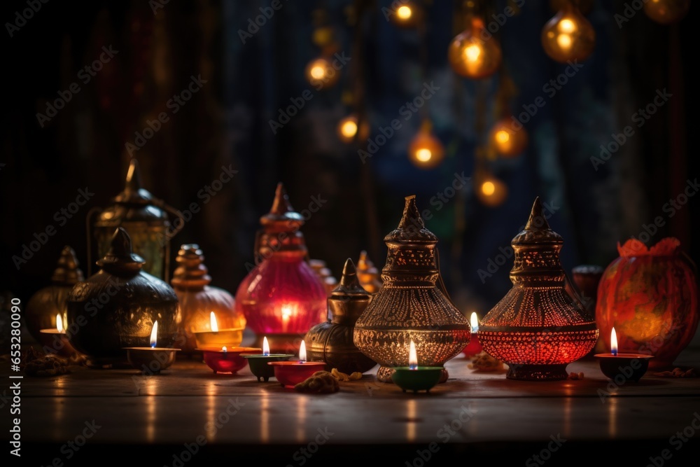 Canvas Prints several diwali lamps illuminating a darkened room