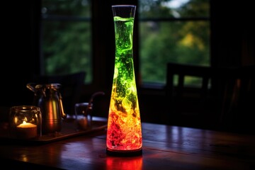 lit lava lamp on a black table