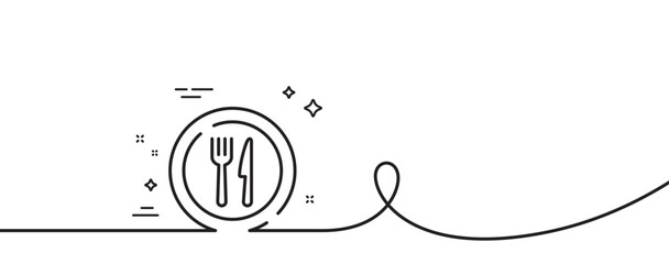Food line icon. Continuous one line with curl. Dish plate with fork and knife sign. Eat at restaurant symbol. Food single outline ribbon. Loop curve pattern. Vector - obrazy, fototapety, plakaty