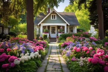 Fototapeta na wymiar Discover the magic of a suburban house, its front yard transformed into a vibrant garden Eden. Adorned with an array of plants, the air is fragrant with blossoms.