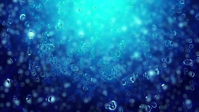 Drops of rain falling through the glass Blue background with falling snow.