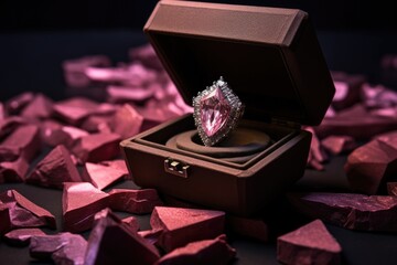 an open chocolate box with a pink diamond ring inside